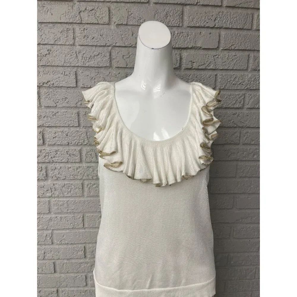 Ralph Lauren Ivory Ruffled Neckline With Gold Trim Sleeveless Knit Top Size M